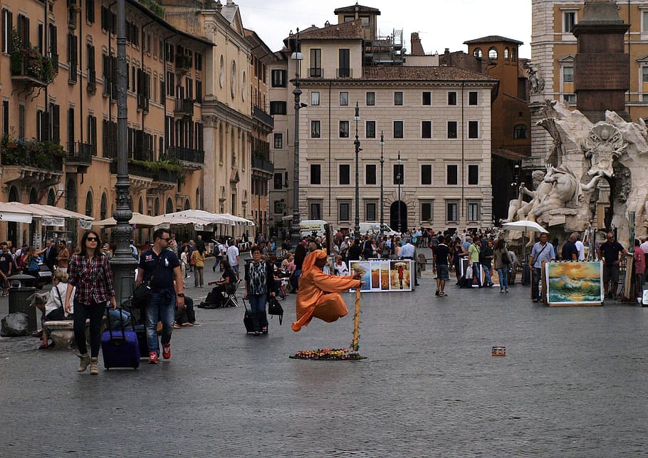 rome, alive, statue, architecture, people, europe, town Square HD wallpaper