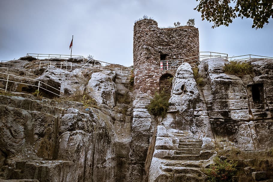 castle, ruin, keep, tower, donjon, fortress, burgruine, rock HD wallpaper