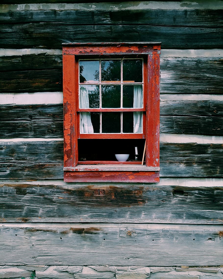 red wooden window frame, brown wooden window, open, panes, bowl HD wallpaper