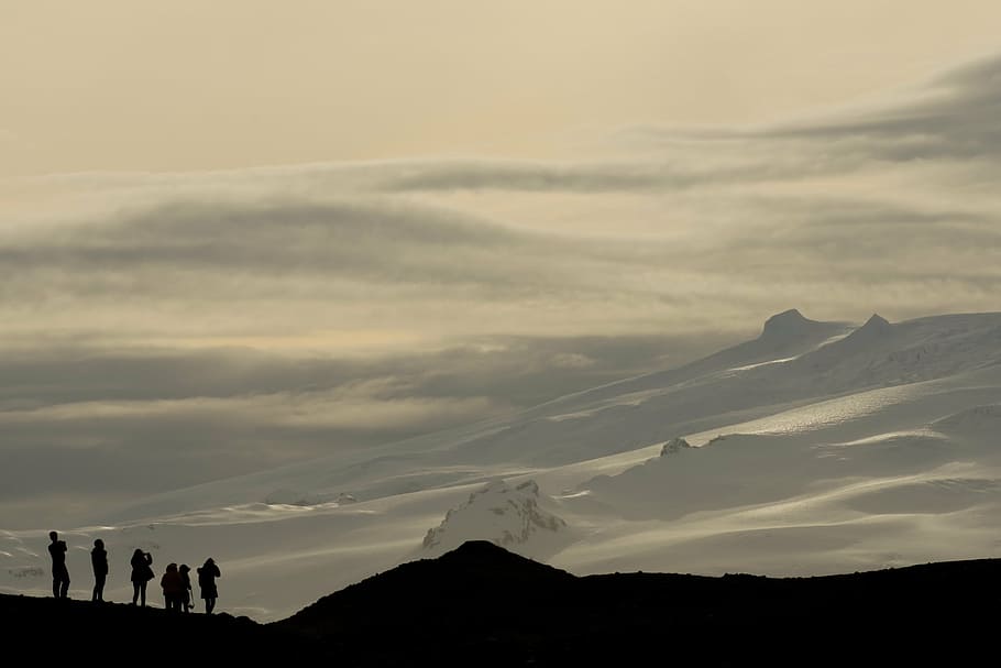 silhouette of people on mountain, highland, cloud, sky, summit HD wallpaper