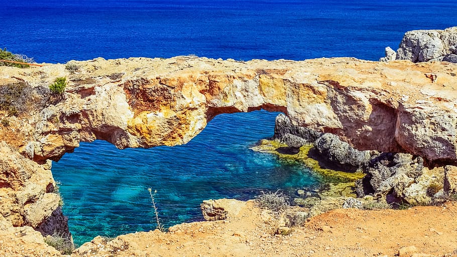 sea, landscape, nature, beach, bay, blue, cliff, daylight, erosion HD wallpaper