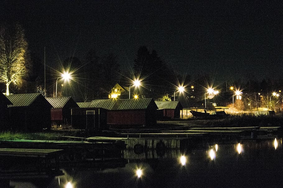boathouse, darkness, night, light, lighting, evening, lights HD wallpaper