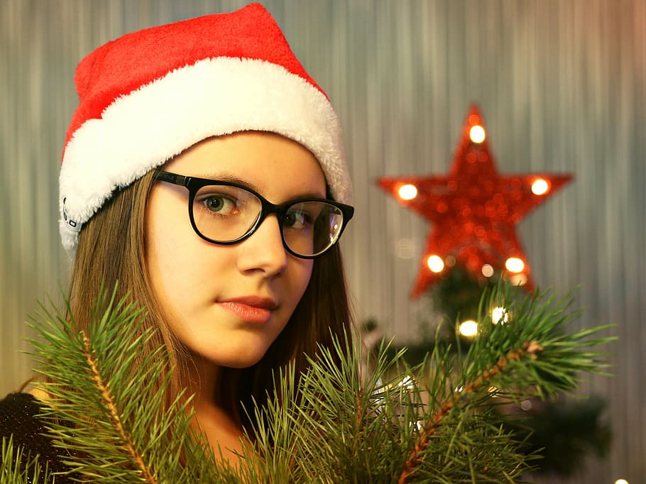 woman wearing Santa hat standing near red star finial, new year's eve, HD wallpaper
