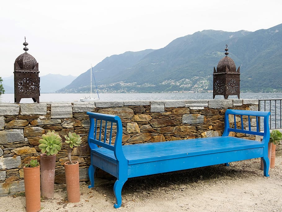 Lanterns, Bench, Rest, Click, Idyll, seat, blue, wall, lake HD wallpaper