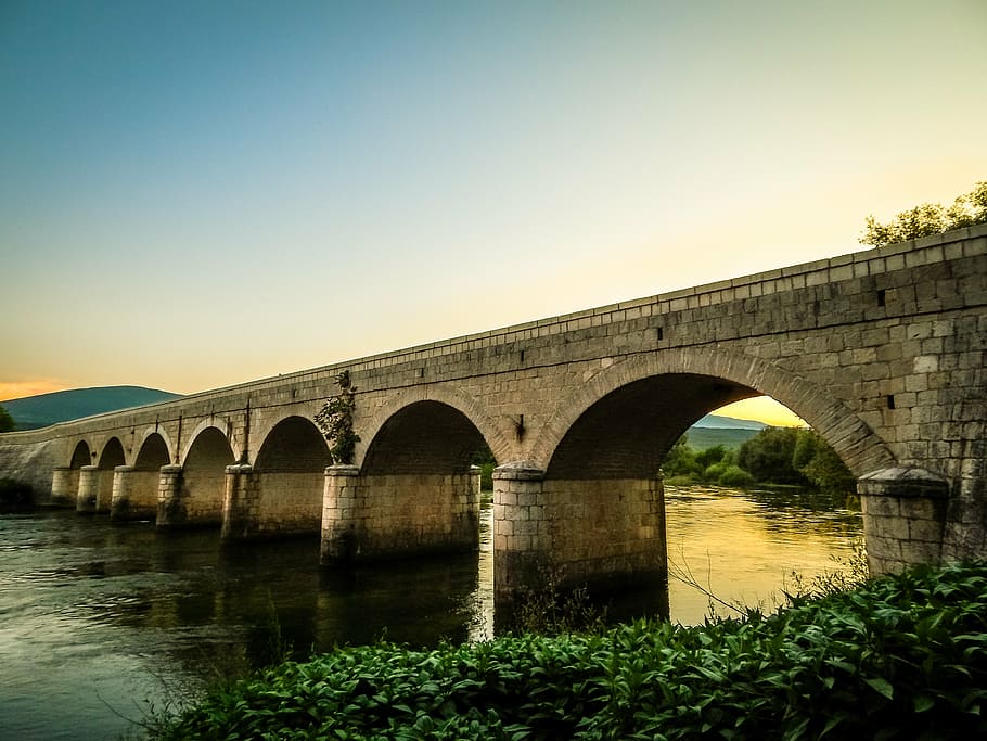 bridge, river, nature, sunset, water, orange, outdoor, bridge - man made structure HD wallpaper