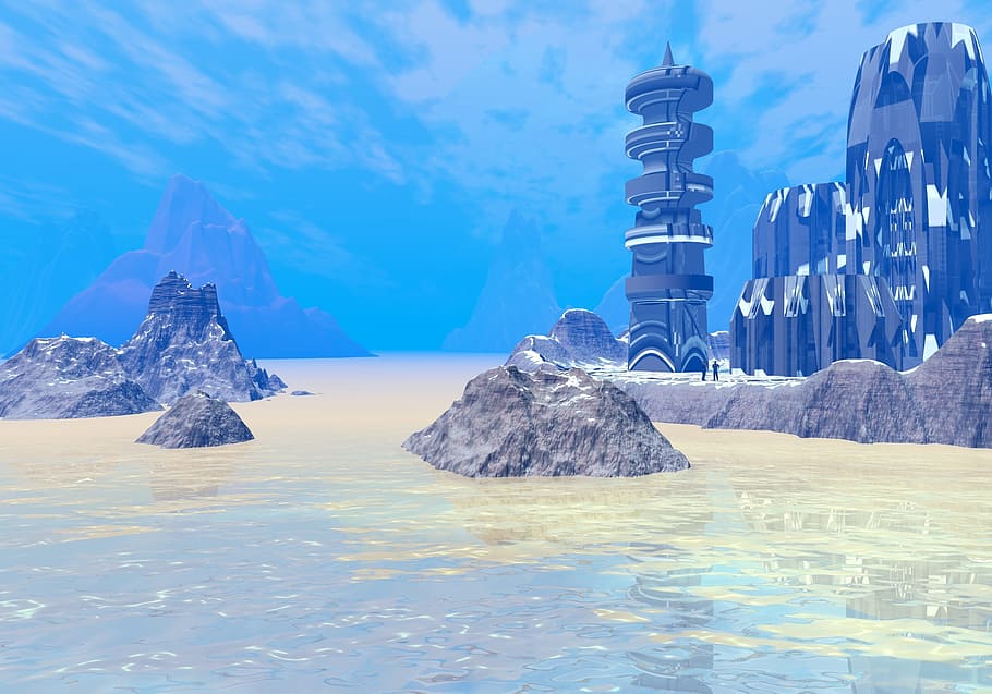 planet, rocks, city, base, fiction, blue, blue sky, ocean, snow HD wallpaper