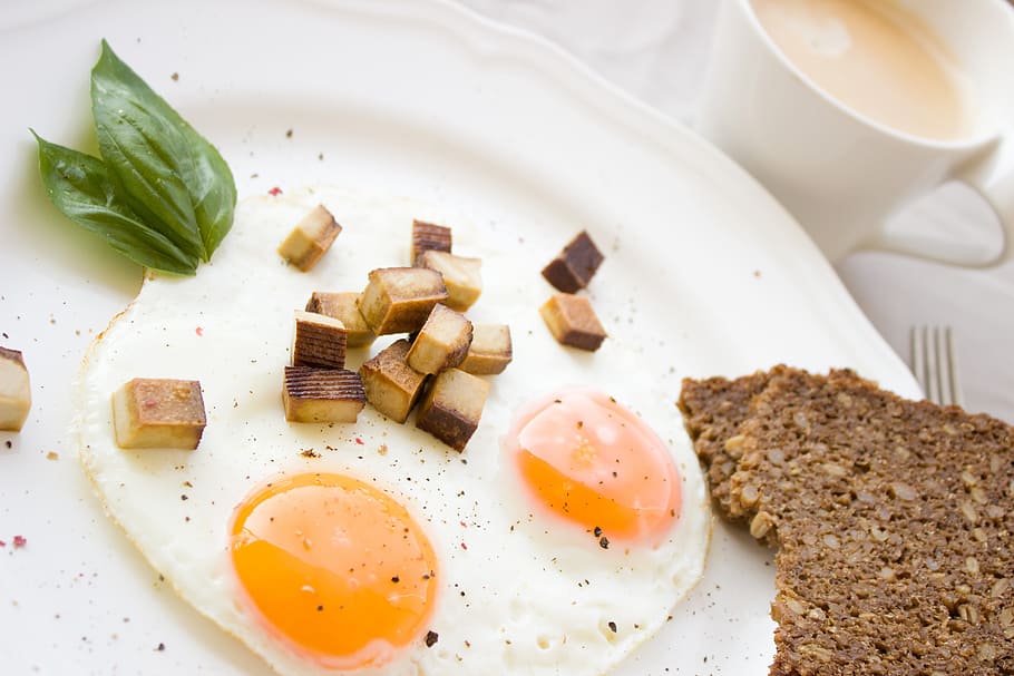 sunny side up egg served on plate, fried, bread, tofu, breakfast HD wallpaper