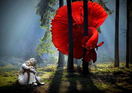 woman near red betta fish, forest, dark, light, statue, dreamy HD wallpaper