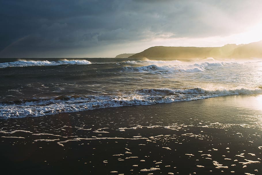 photo of seashore, blue, body, water, sunset, beach, ocean HD wallpaper