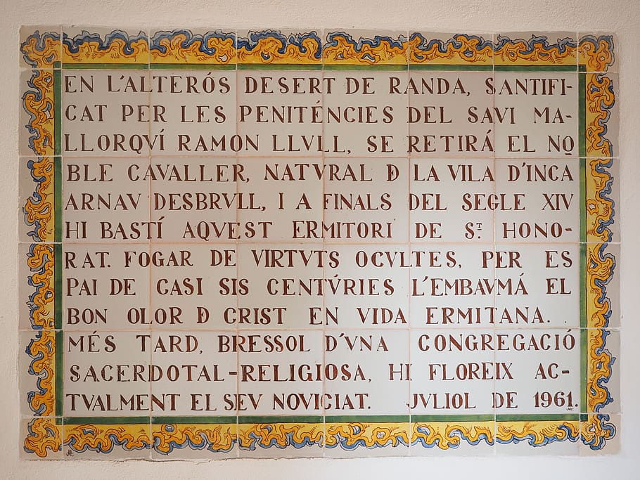 tile, board, caption, old, font, monastery, ermita sant honorat HD wallpaper