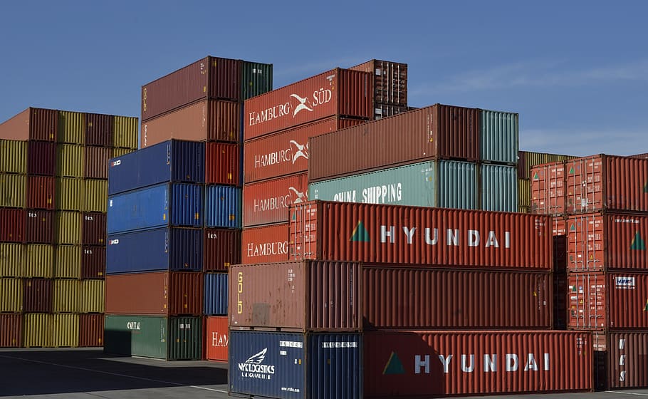 red and blue cargo containers, transport, logistic, container port