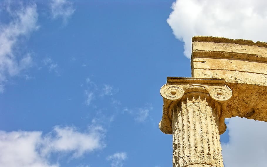 ionic column under cloudy sky, Olympia, Greece, Antique, corinthian