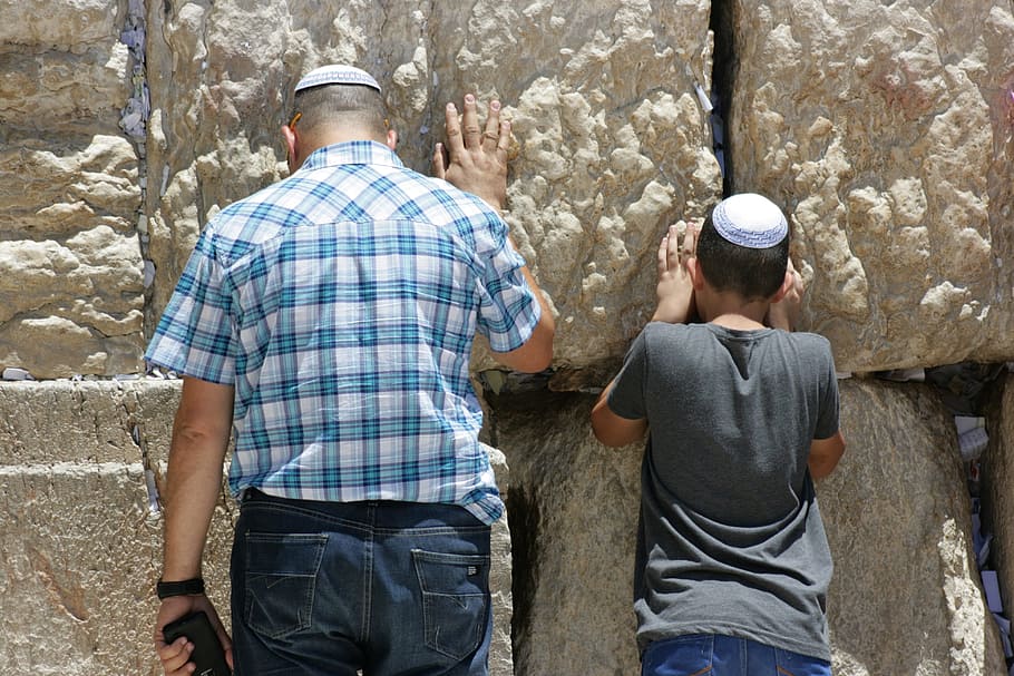 man and boy holding on wall, wailing wall, western wall, judaism, HD wallpaper