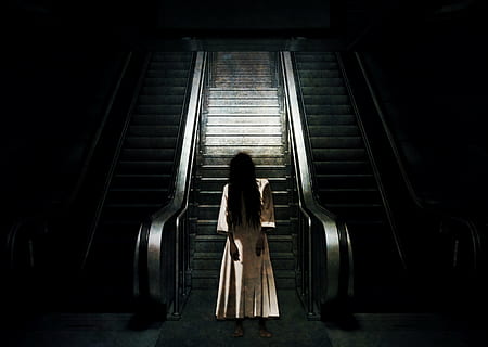 woman's white dress, ghost, escalator, spirit, form, creepy HD wallpaper