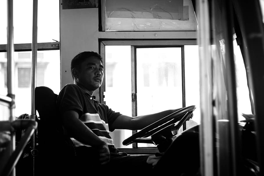 Busdriver, Bus, Driver, street photograpy, black and white, HD wallpaper