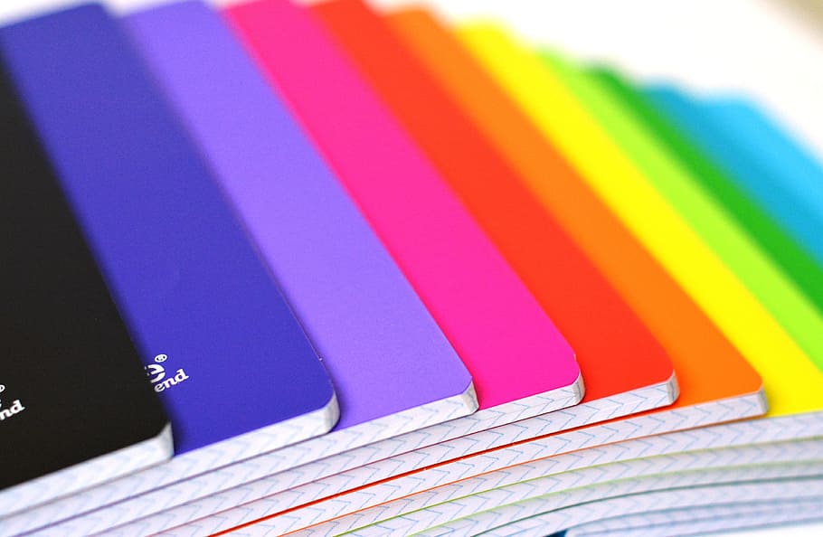 assorted-color notebooks, colored, rainbow, saturated, the colour of the HD wallpaper