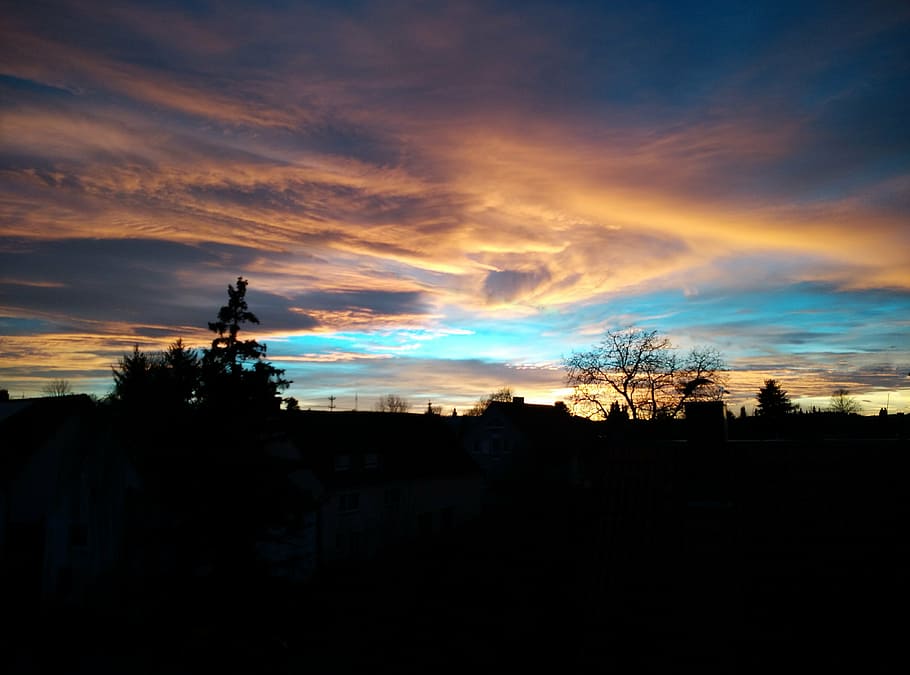 sunset, afterglow, sky, landscape, clouds, background, silhouette HD wallpaper