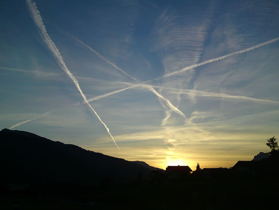 Sky, Sunset, Evening, Clouds, evening sky, contrail, dusk, mountains HD wallpaper