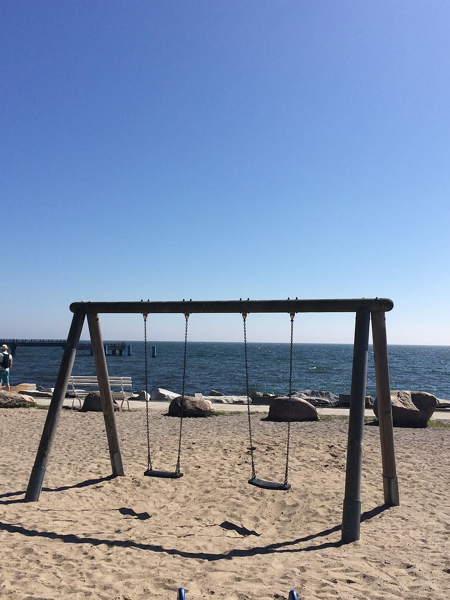 swing, sea, harmony, benefit from, water, sky, beach, land HD wallpaper