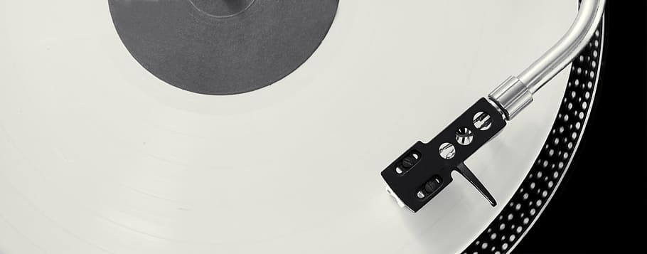 white and black DJ turntable, s-record-players, hub, needle, music playback