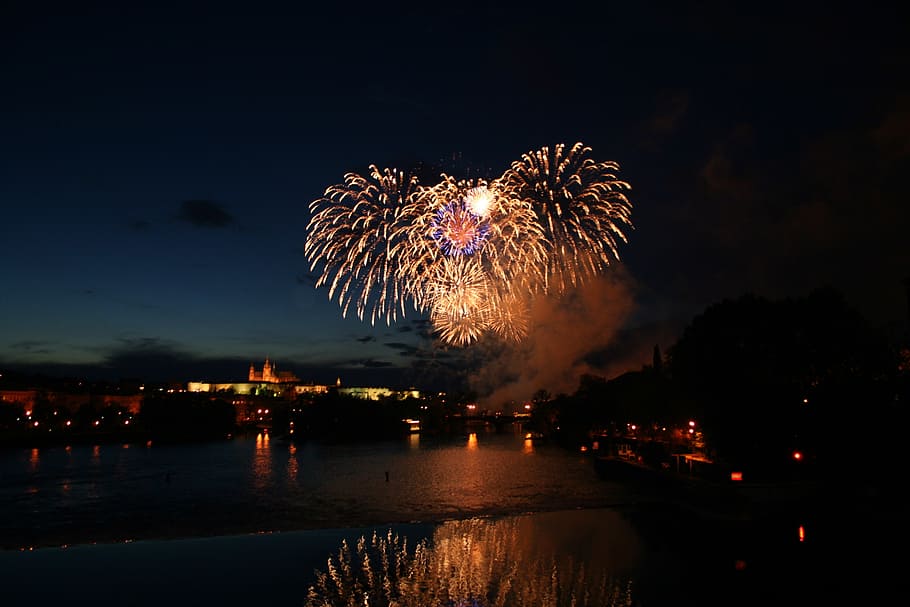 firework display, fireworks, new year, illuminated, night, motion HD wallpaper