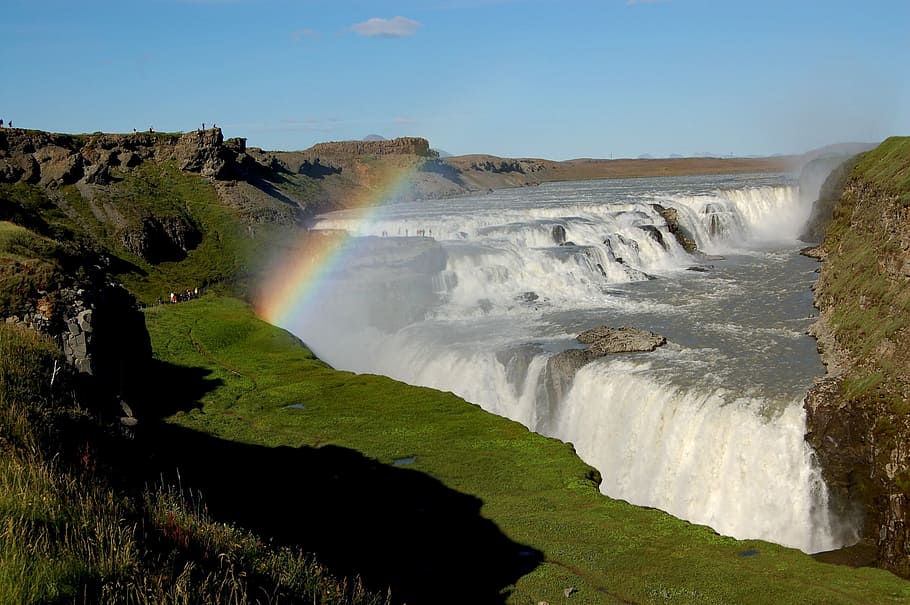 Waterfall, Rainbow, Nature, iceland, stream, icelandic, rock HD wallpaper