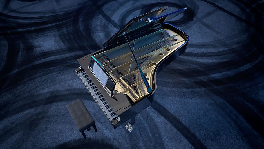 mini gray upright piano on blue textile, wing, keys, classic HD wallpaper
