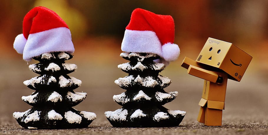 closeup photo of box figurine near the mini Christmas trees, Danbo, HD wallpaper