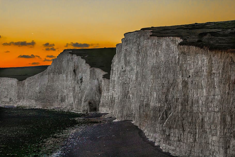gray and black cliff, white rocks, england, height, sea, nature HD wallpaper