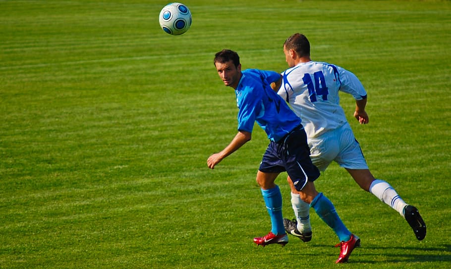 HD wallpaper: two men playing soccer, football, a ball, turf, ground ...