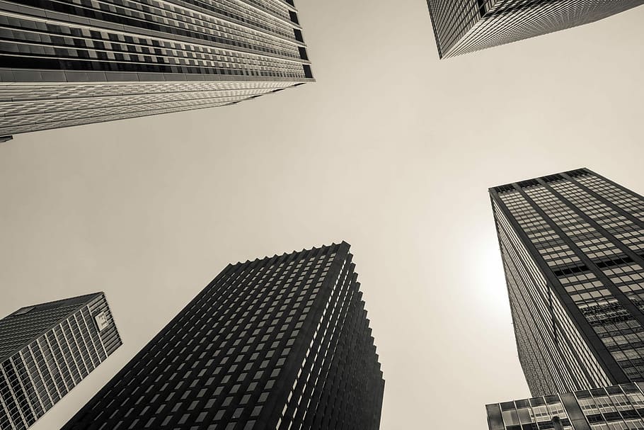 low angle and grayscale photography of high-rise buildings, worm's eye view photography of city buildings HD wallpaper