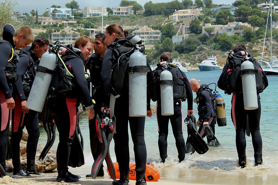 diving, diving school, beach, group of people, real people HD wallpaper
