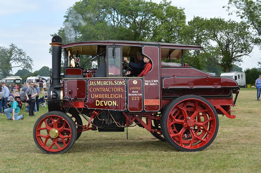 Steam, Engine, Traction Engine, red, fire engine, day, outdoors HD wallpaper