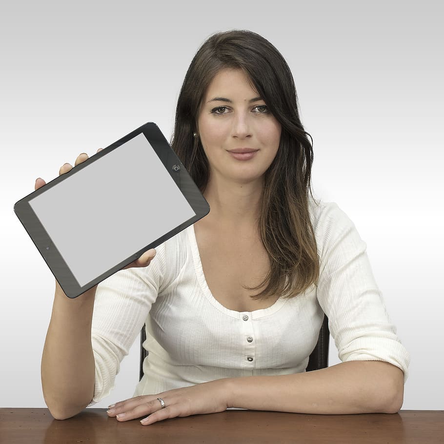 photo of woman holding black tablet computer, ipad, presentation, HD wallpaper