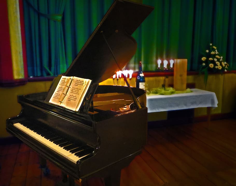 brown grand piano beside table near window, ambience, diner, event