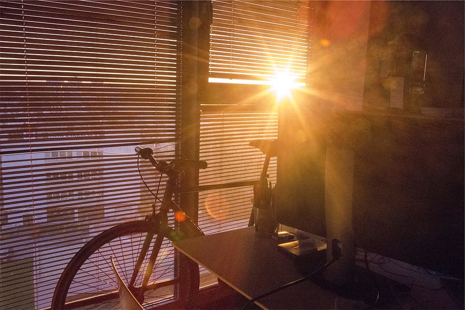 bike beside glass window and desk, sunlight, blinds, bicycle HD wallpaper