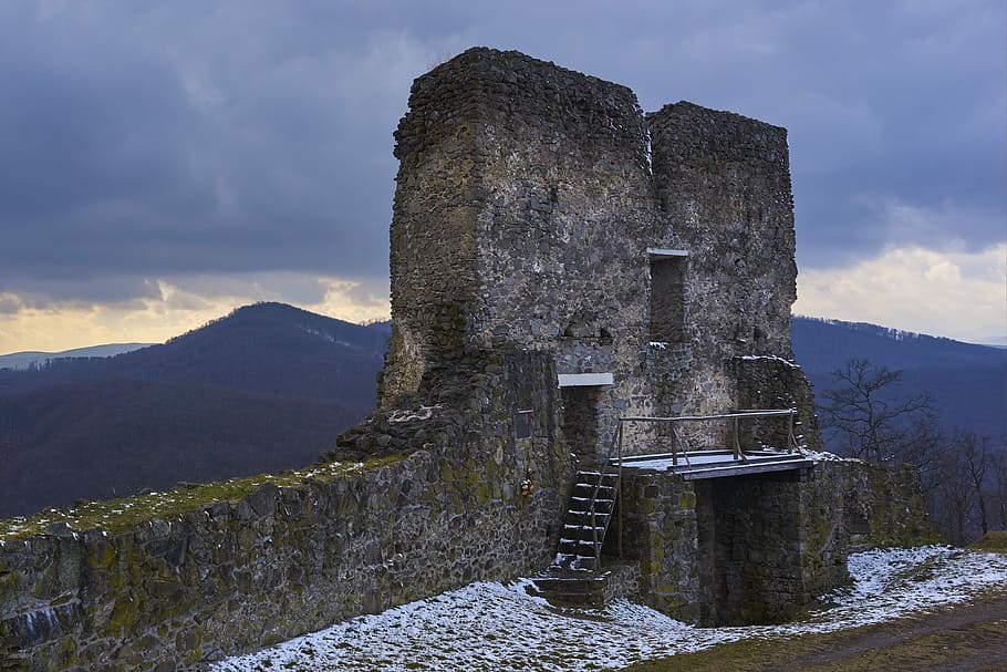gray concrete building ruin under cloudy sky, Winter, Middle Ages HD wallpaper