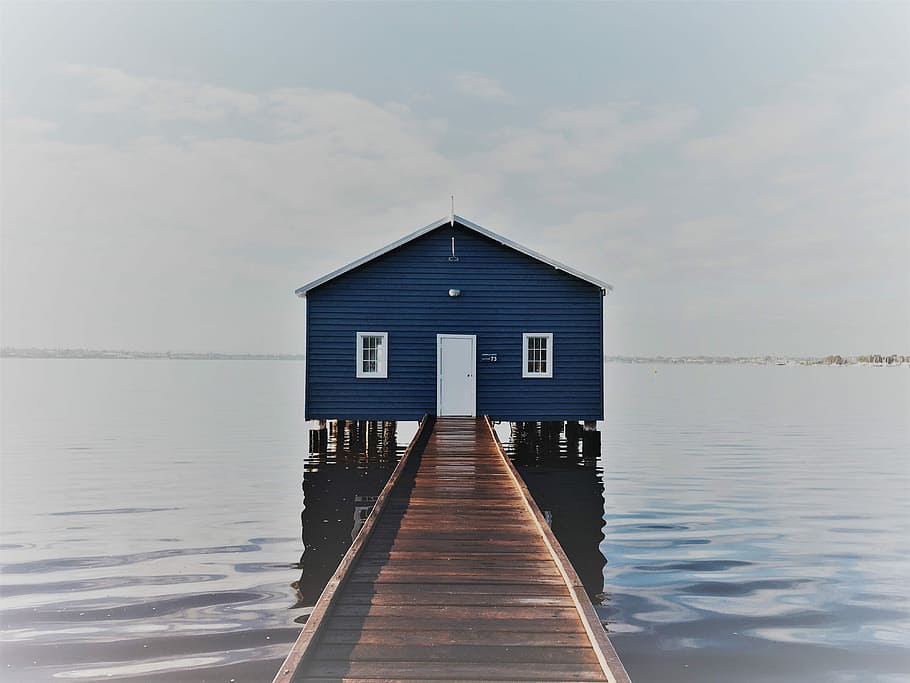 photo of dock towards blue house, Perth, Swan River, River, House HD wallpaper