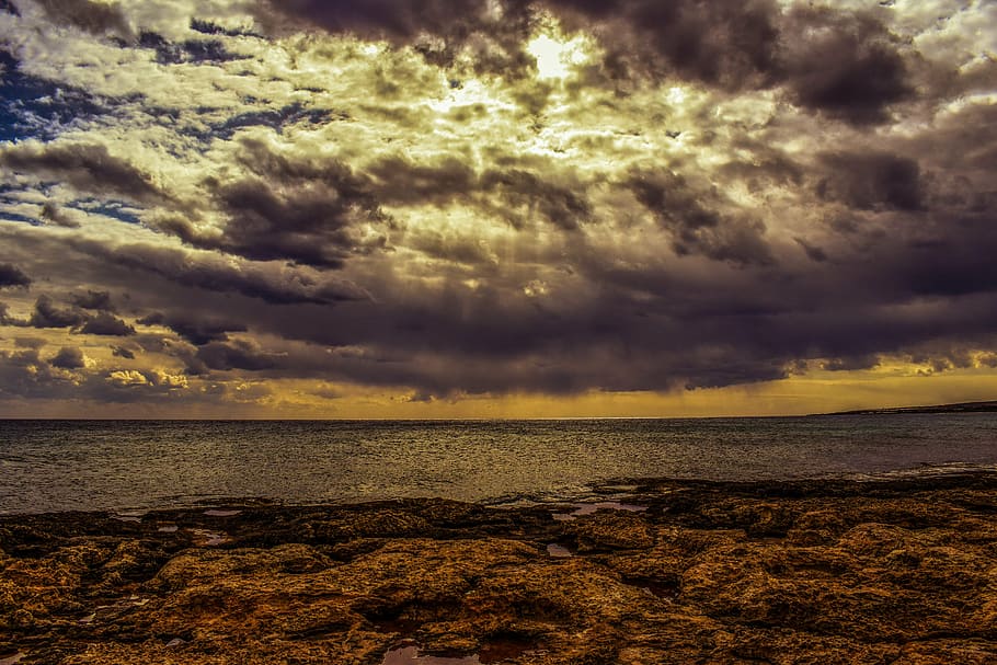 beach, rocky, sky, clouds, stormy, sea, nature, landscape, scenery HD wallpaper