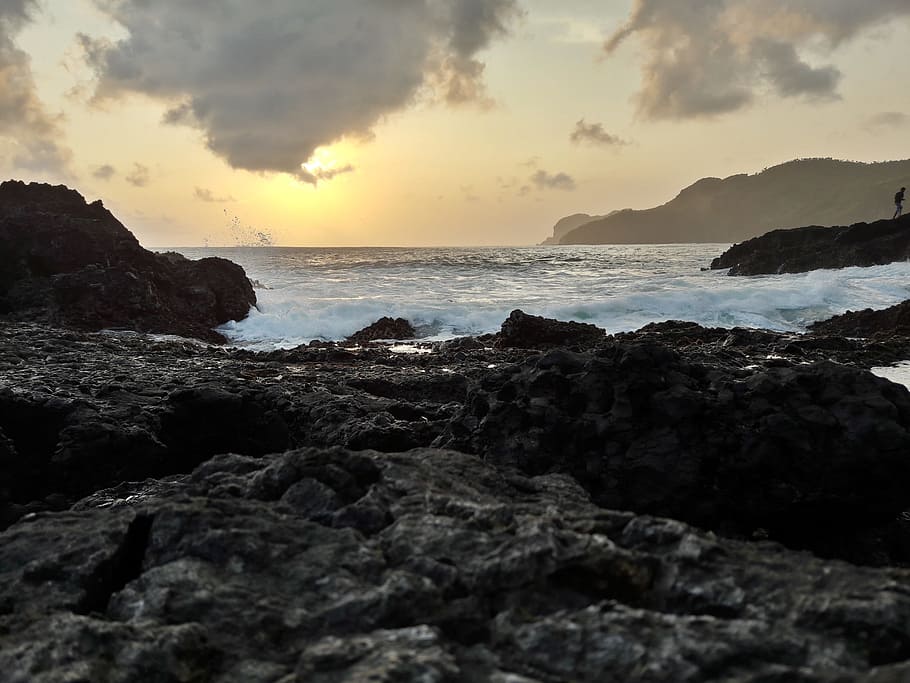 beach, sunset, sea, sky, water, rock, rock - object, solid HD wallpaper
