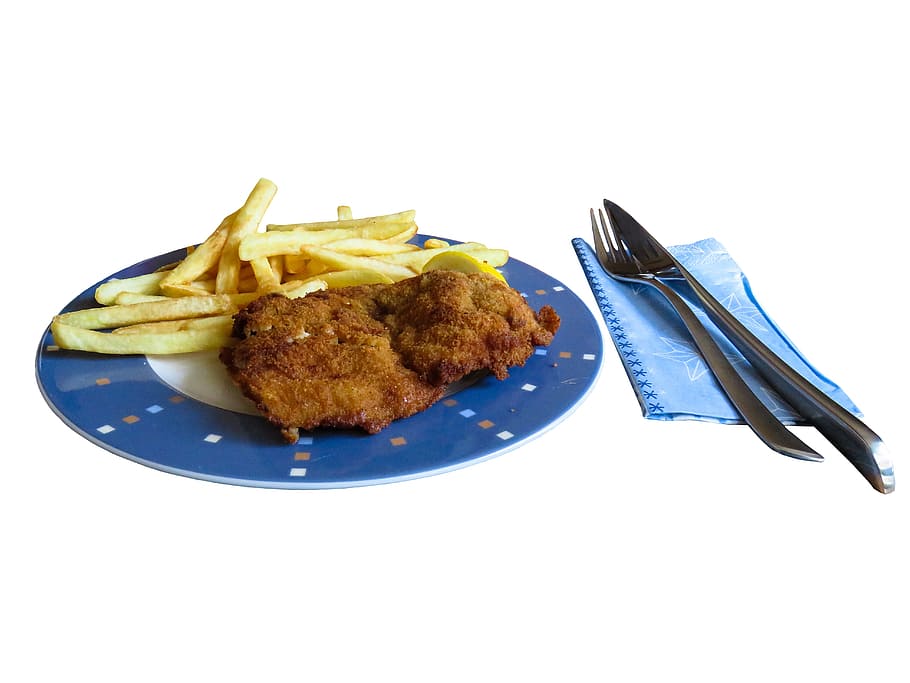 Eat, Schnitzel, Food, Meat, French, fries, hunger, isolated, HD wallpaper