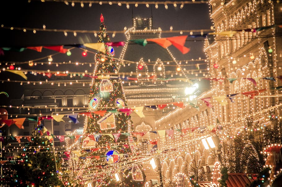 LED string light on street during night time, festival during night time HD wallpaper