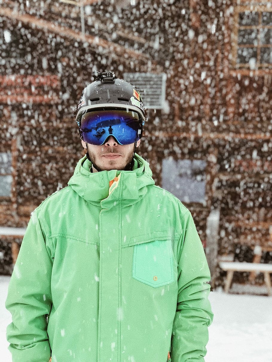 Hey, it’s me., man standing on snow outdoors, goggles, green jacket, HD wallpaper