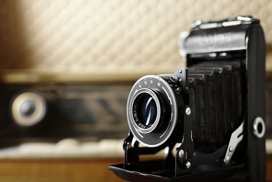 vintage black camera on table, old, nostalgia, photograph, photo camera