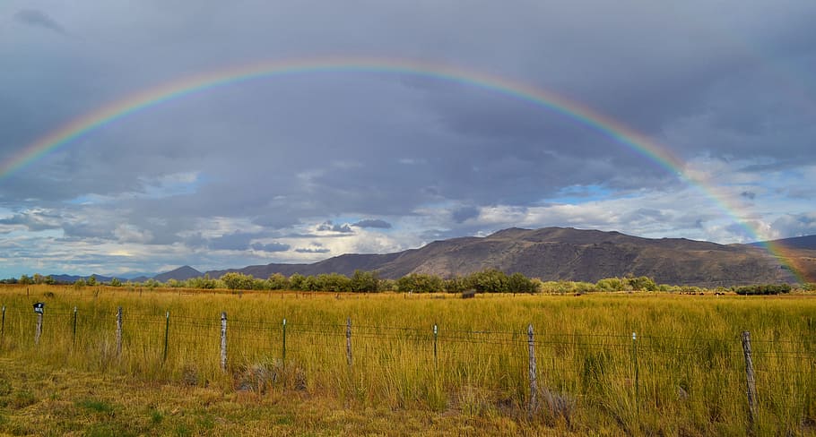 rainbow, landscape, sky, scenic, nature, outdoors, grassland HD wallpaper