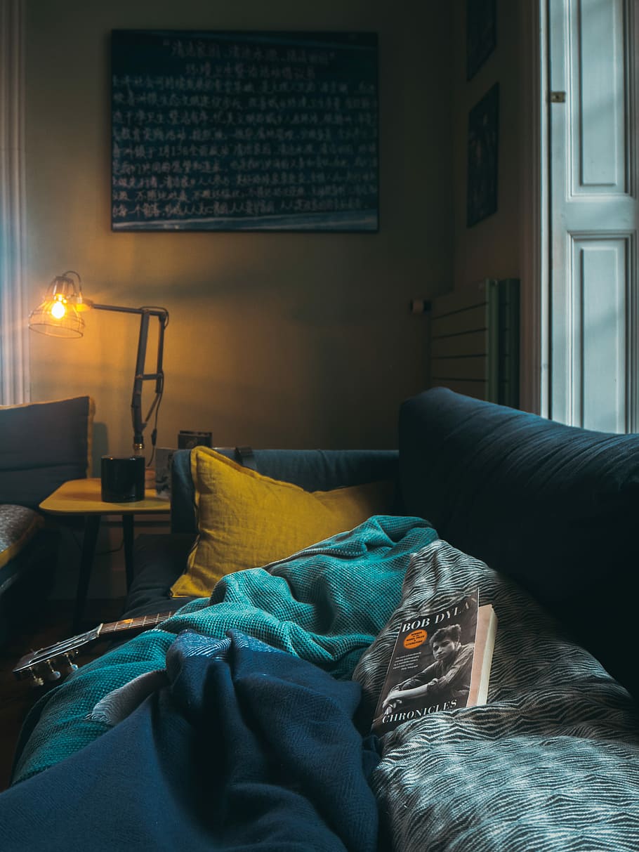 book on gray and white blanket, yellow pillow, house, home, sofa HD wallpaper