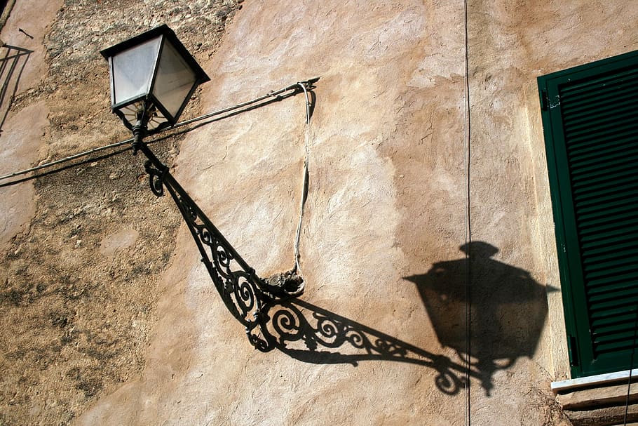 black wall sconce, black wall lantern placed on brown wall, shadow HD wallpaper