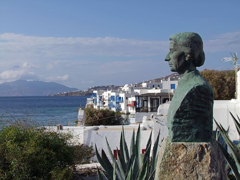 Statue, Profile, View, Mykonos, Greece, sea, stone figure, sculpture HD wallpaper