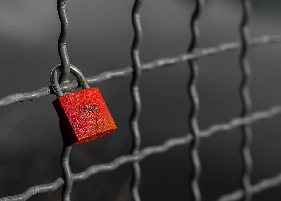 selective color photo of padlock locked on mesh metal grill, love, HD wallpaper