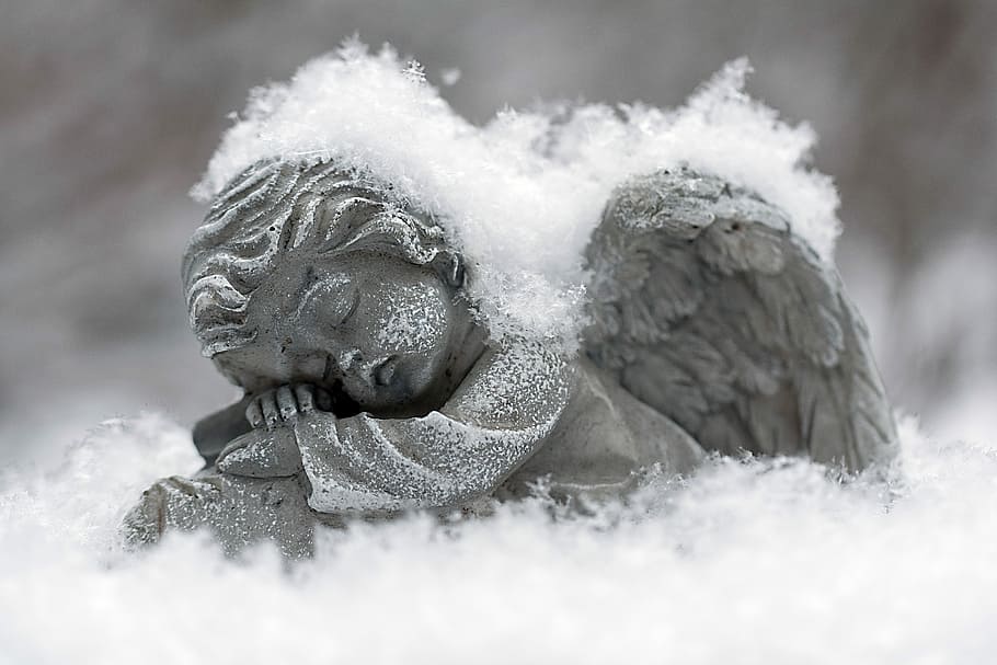 HD wallpaper: sleeping angel figurine covered by snow, winter, frost, froze...